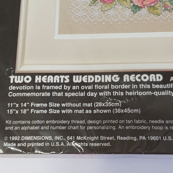 Dimensions Stamped Cross Stitch Kit 3122 Two Hearts Wedding Record Floral VTG - Picture 3 of 7